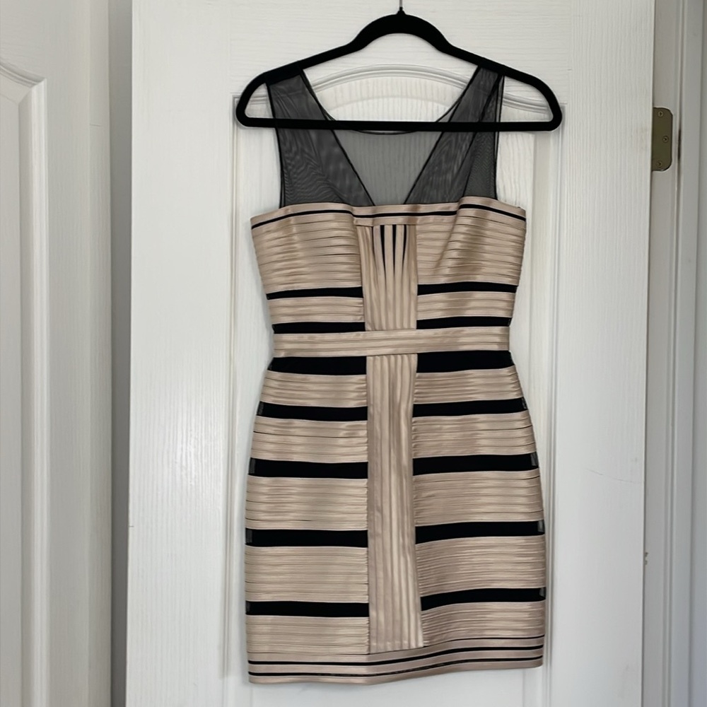 BCBG MaxAzria bandage dress champagne satin black mesh size 4 prom party bodycon - Picture 3 of 11